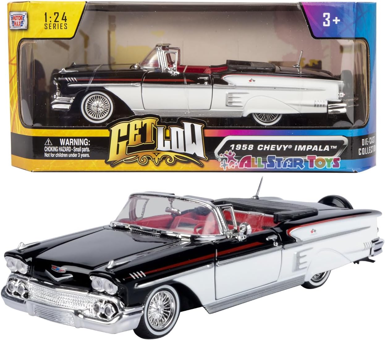 Motormax 79025 1958 Chevy Impara Convertible Low Rider Black White Red Interior Grow Series 1/24 Diecast Model Car Uni Adult