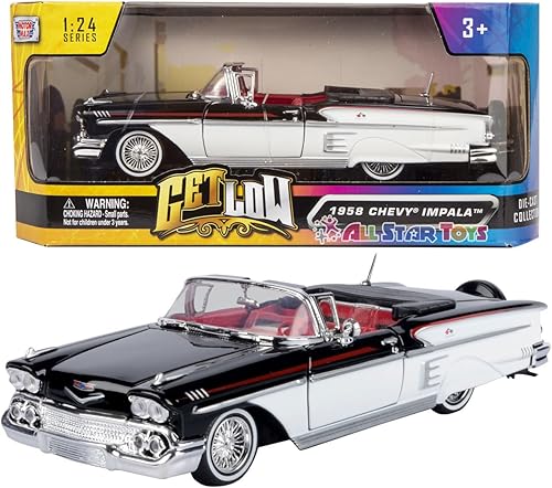Motormax 79025 modelo convertible modelo modelo 1/24 de Chevy Impala 1958 en blanco y negro con interior rojo Get Low Series 1/24 para adultos unisex