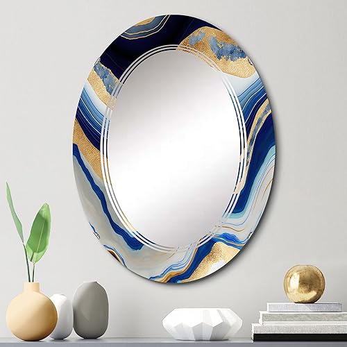 Miniatura 7 de DesignQ Modern wall mirror, Oval Modern mirror, Round Blue bathroom mirror, Abstract Transitional vanity mirror Flowing Vibrant Blue and Gold Art IV