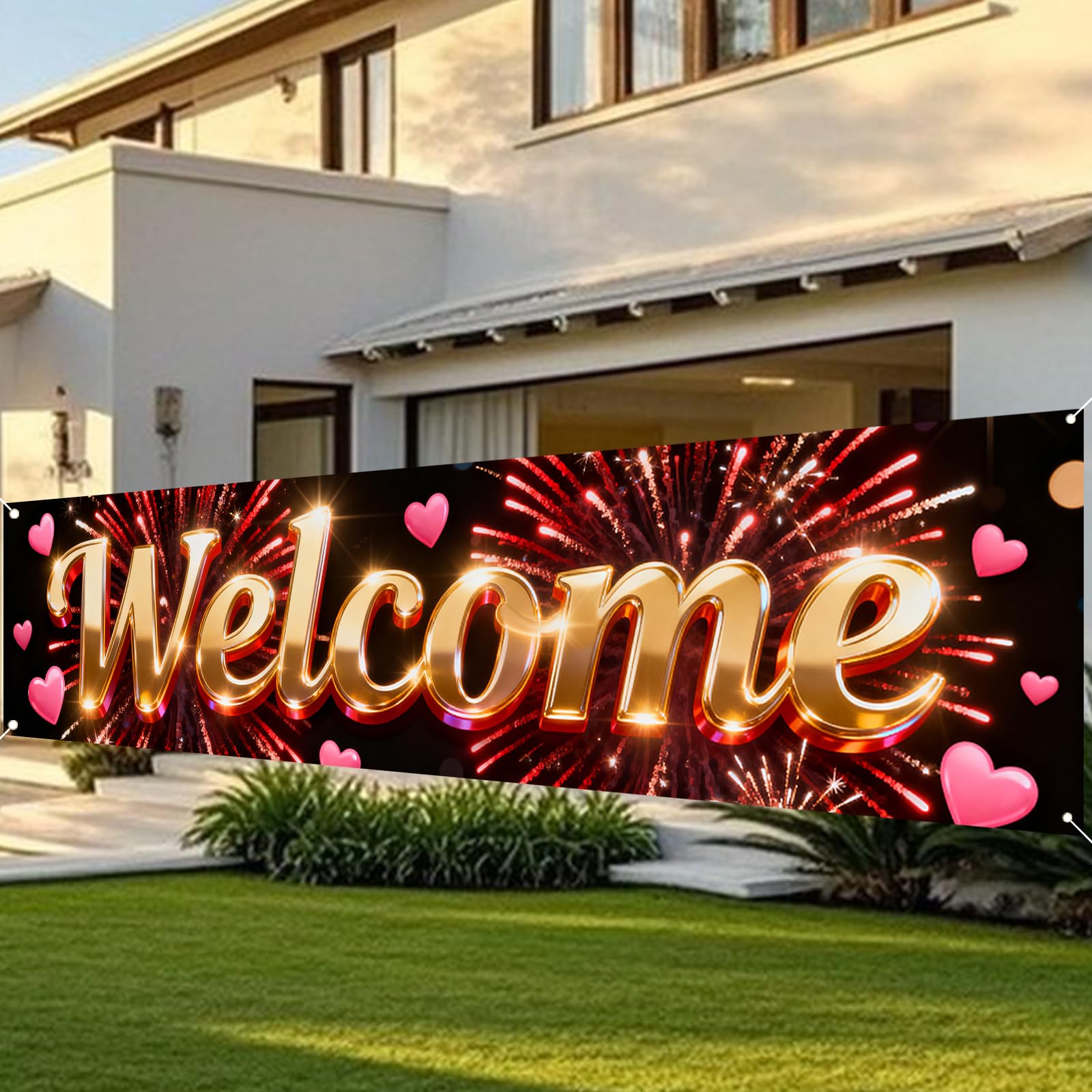 Nuxovilar Welcome Home Banner Golden Red Firework 17.7x78.7 Polyester
