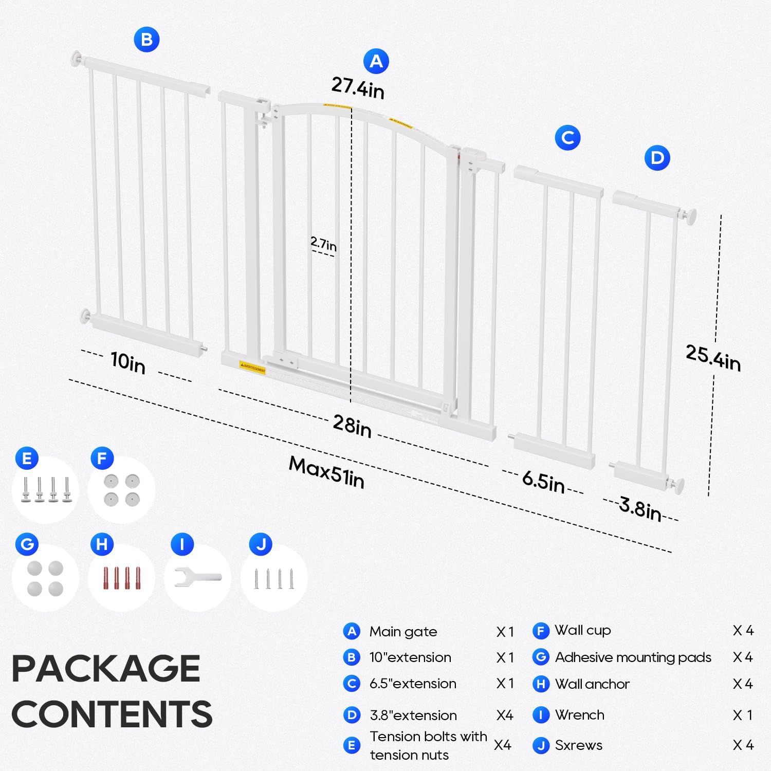 FDW 27” Tall Arched Extra-Wide Pet Gate,Adjustable 28”-51” Openings Walk-Through Metal Safety Gate for Indoor Stairs & Doorways, White