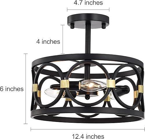 Miniatura 7 de Mr. Color - Lámpara de araña de 3 luces semiempotrada para casa de campo, color negro y dorado