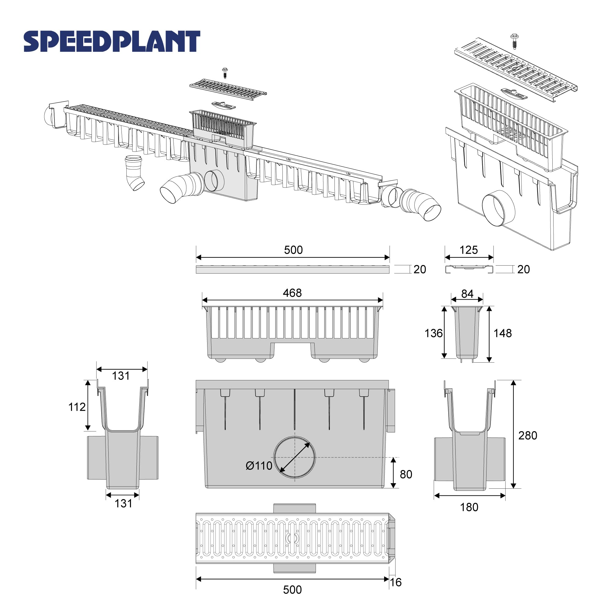 SPEEDPLANT Einlaufkasten mit Fangkorb A15 mit Stahlrost, 50 cm, 1,5 t Belastbarkeit, passend für 148 mm Tiefe, inkl. Zubehör