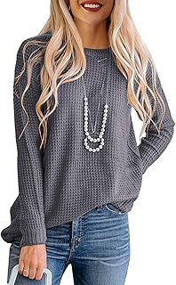 MEROKEETY Women's Long Sleeve Waffle Knit Sweater Crew Neck Solid Color Pullover Jumper Tops