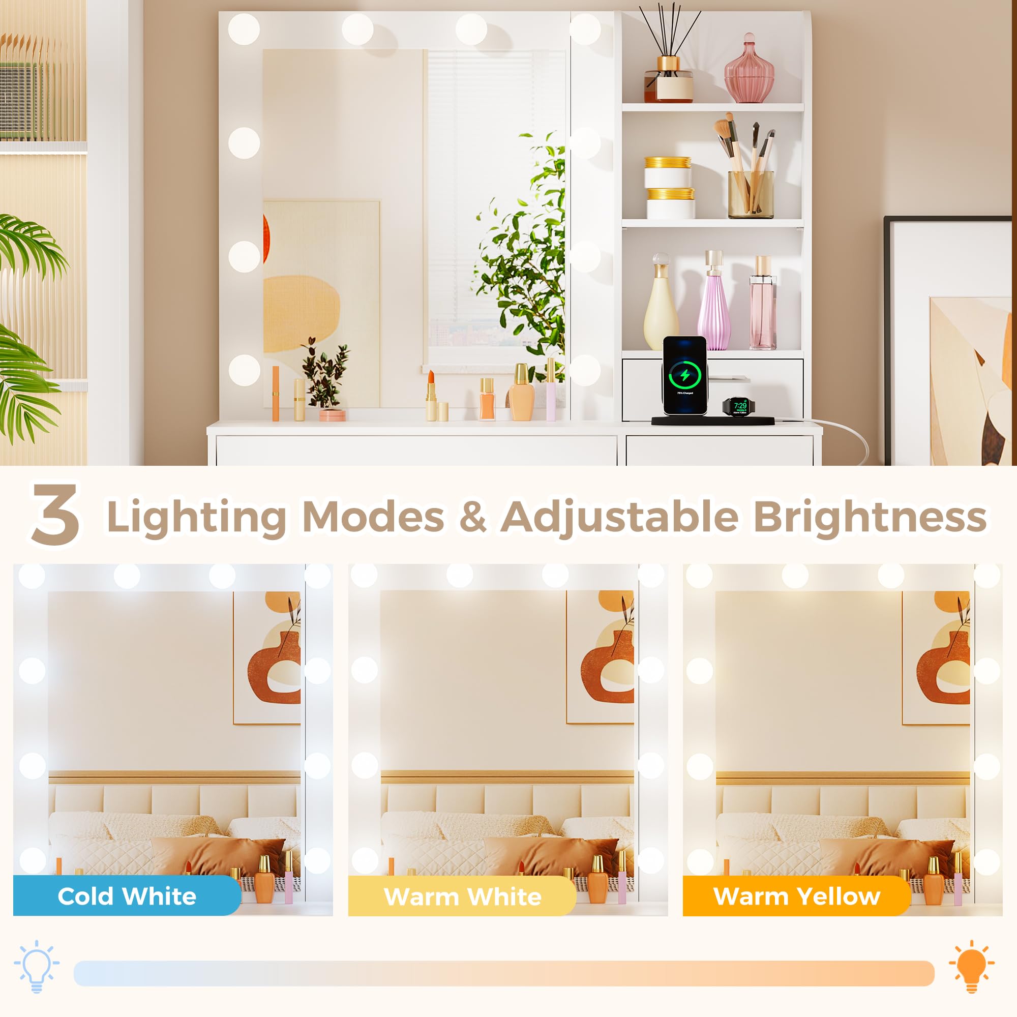 BEWISHOME Toeletta Trucco con Specchio e luci LED,luminosità Regolabile,Tavolo da Trucco con Presa,Sgabello,7 Cassetti e 3 Ripiani Aperti,Moderno Bianco Postazione Trucco per Camera da Letto EFST51W