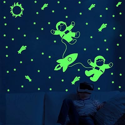 Dreamkraft Glow in The Dark Stickers - Two Flying Astronauts with Rocket and Stars, Radium Vinyl Material, 212 Total Sti