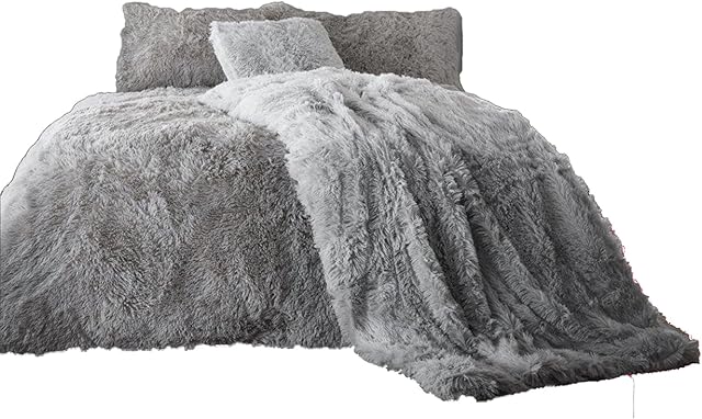 EXQUIZIT HOME Teddy Cuddles Fleece Duvet Quilt Cover Bedding Set With Matching Pillowcase Warm and Cosy Hug & Snug Silver Bedding Set Double 200cm x 200cm Approximately.