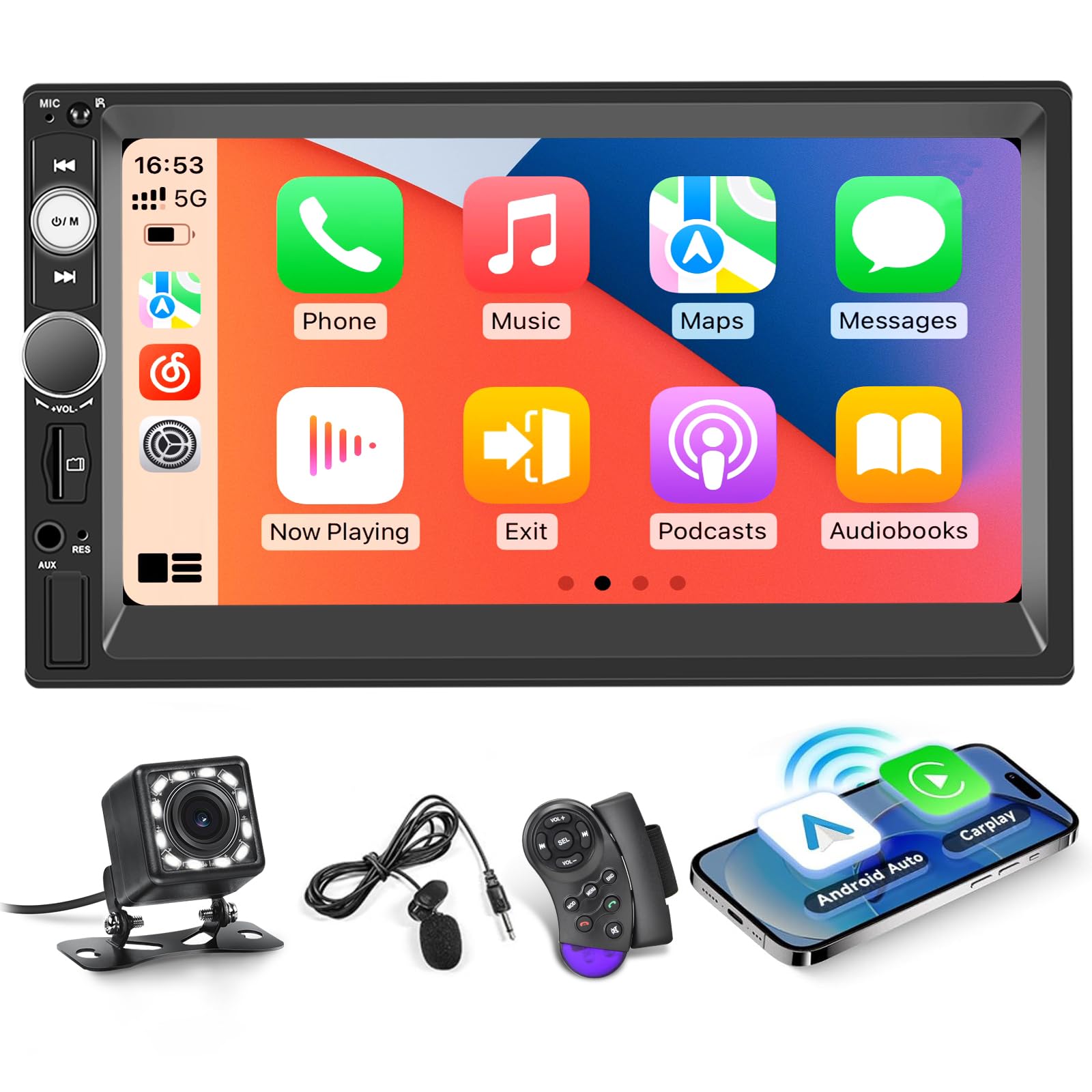 Autoradio 2Din met Draadloos CarPlay Android Auto, 7 inch dubbel Din scherm MP5-speler met Android/IOS Mirror Link Bluetooth FM SWC AUX-in EQ 6 USB-poorten achteruitrijcamera