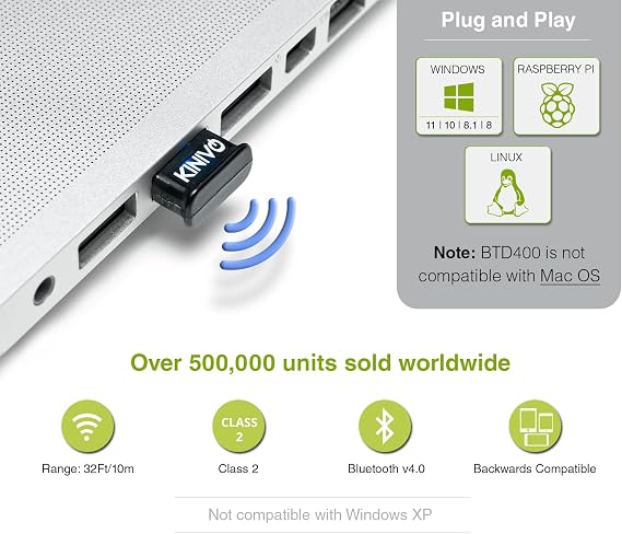 Kinivo USB Bluetooth Adapter for PC BTD400 (Bluetooth 4.0 Dongle Receiver, Low Energy) - Compatible with Windows 11/10/8.1/8, Raspberry Pi, Linux, Laptop & Headphones