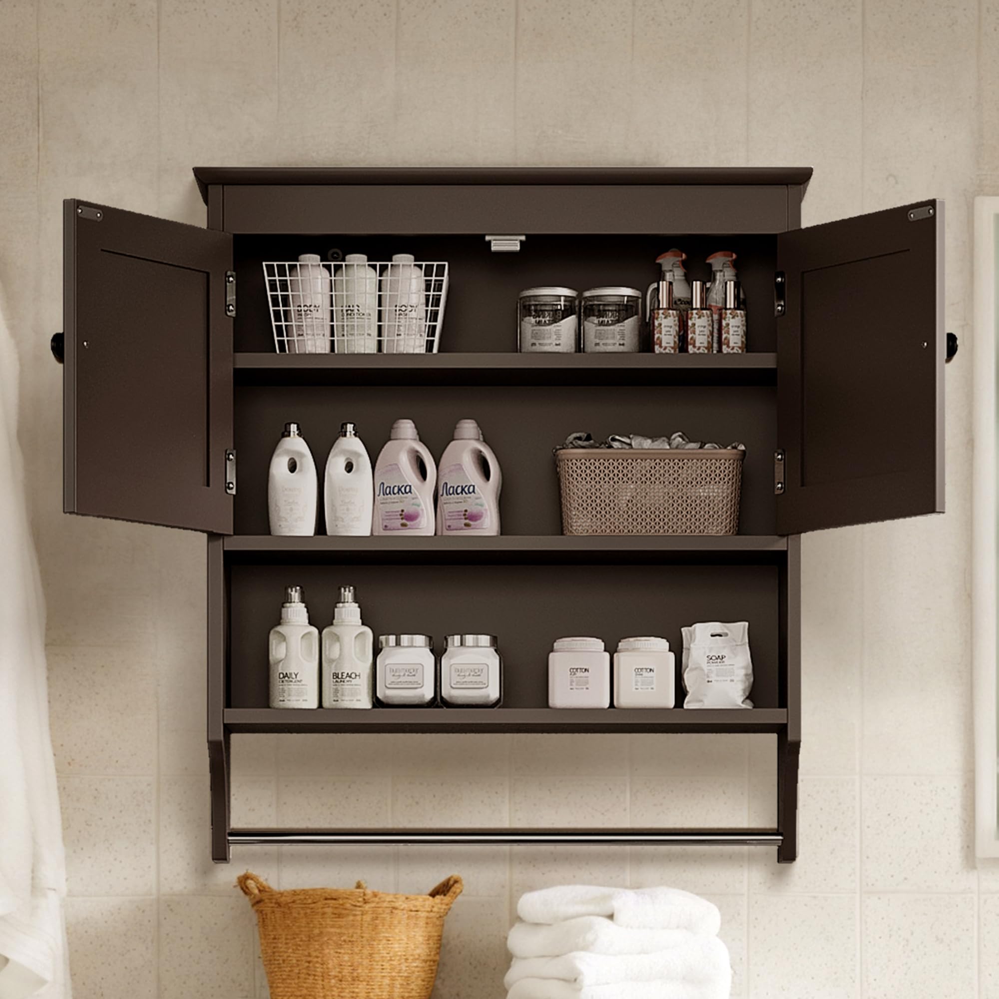 Bealife Mueble de baño suspendido, Armario Doble suspendido, Ahorra Espacio, Armario de Pared con 2 Puertas Estante Ajustable, Barra para Toallas, 19.8 x 60.5 x 69.8 cm, Blanco (marrón Oscuro)