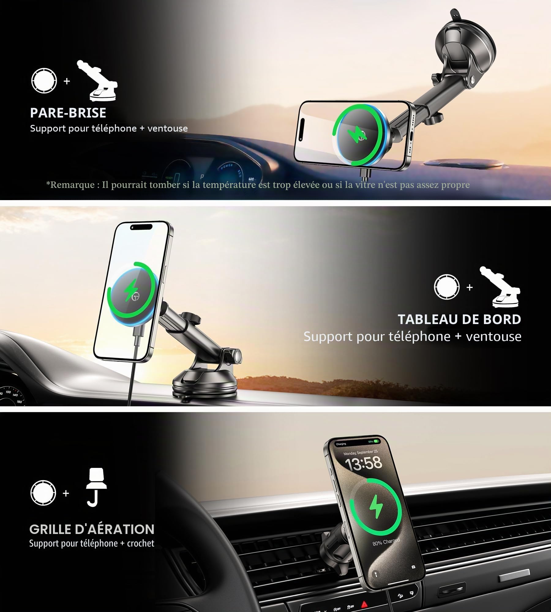 Porte Telephone Voiture avec 【LED Light】 Support Telephone Voiture Magnetique Chargeur Induction Voiture pour Tableau de Bord et Pare-Brise Sortie d'air pour i-Phone 17 16 15 14 13 12 Series