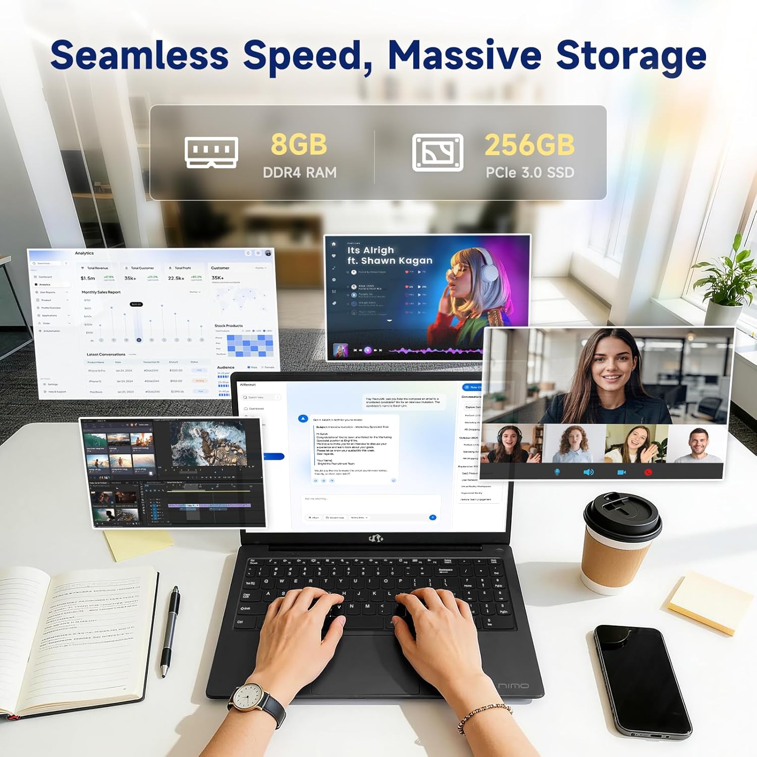 NIMO 2026 Student Laptop, Quad-Core (Beats i3-1115G4), 8GB RAM 256GB SSD, 15.6" FHD IPS Computer with 65W PD Fast Charging, Backlit Keyboard, Fingerprint, Wi-Fi 6, for College Study and Business Home