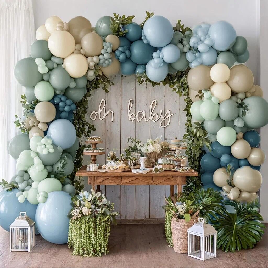 Dusty Blue Green Balloon Arch Kit Double Stuffed Pastel Light Sage Green Blue White Sand Beige Balloon Garland for Birthday Baby Shower Dinosaur Wedding Easter Jungle Wild One Party Decoration