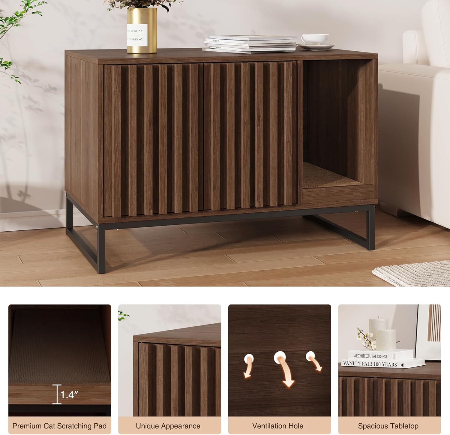 Cat Litter Box Enclosure, Modern Hidden Litter Box Furniture with Scratch Pad, Indoor Cat Washroom House End Table, Entryway Bench for Livingroom (Walnut)