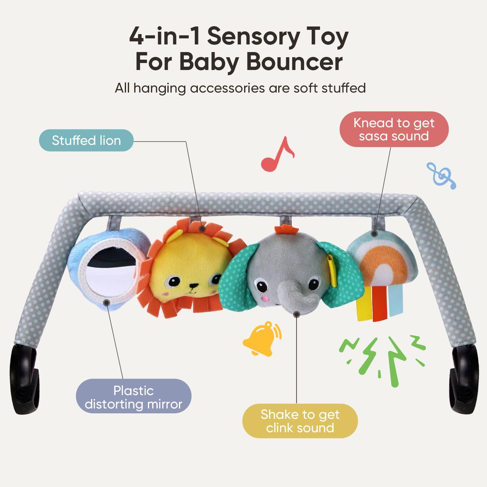 TinlyFinly Baby Bouncer Toy Bar Soft with 4 Hanging Sensory Toys Attachment, Compatible with Baby Bjorn Bouncer, with Mirror, Rattle, Crinkle Sound for Babies All Ages (Colorful Animals) - 4