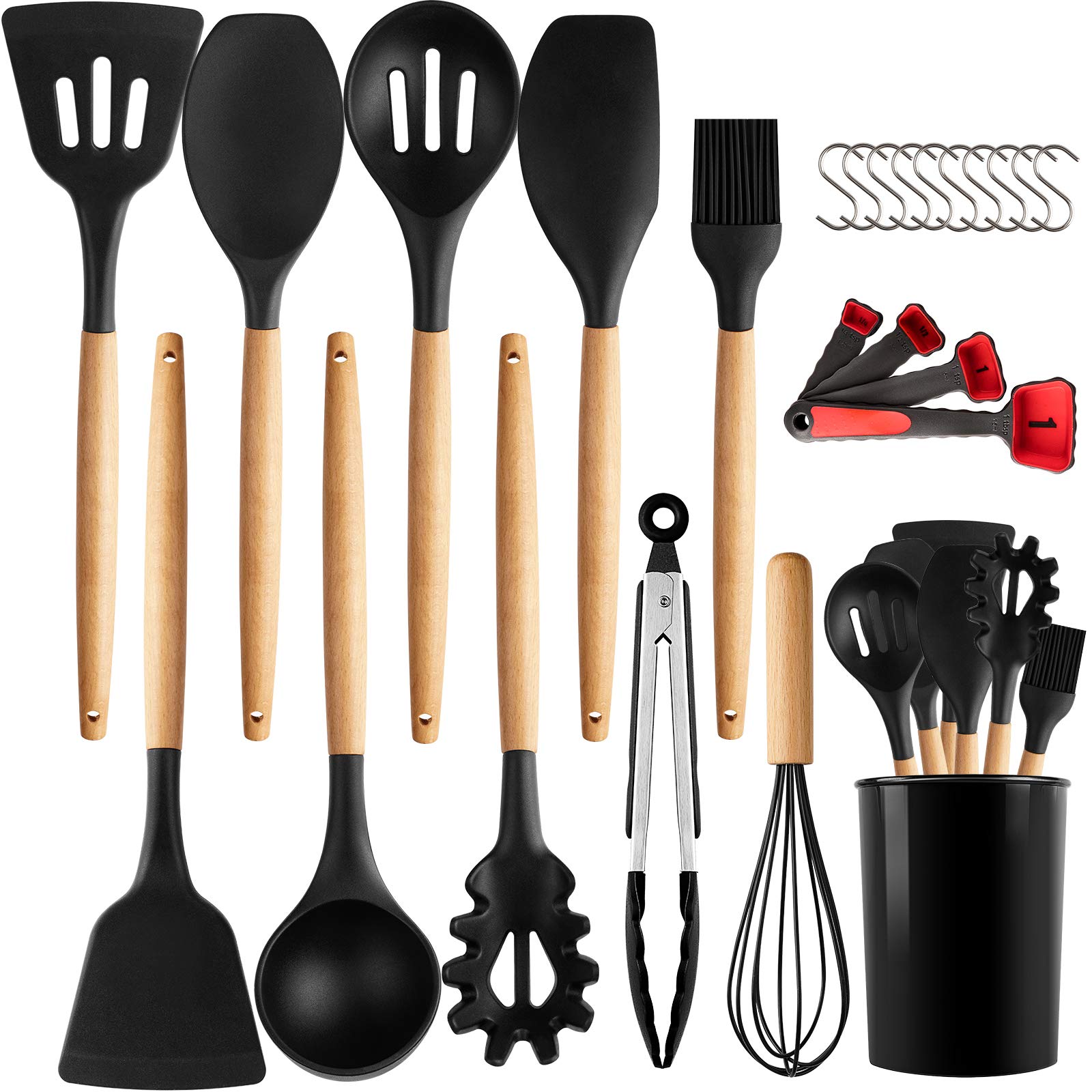 Silicone Kitchen Cooking Utensils Set, CHOOBY 24 Pcs Non-stick Kitchen Utensils Spatula Set with Holder, Heat Resistant an...