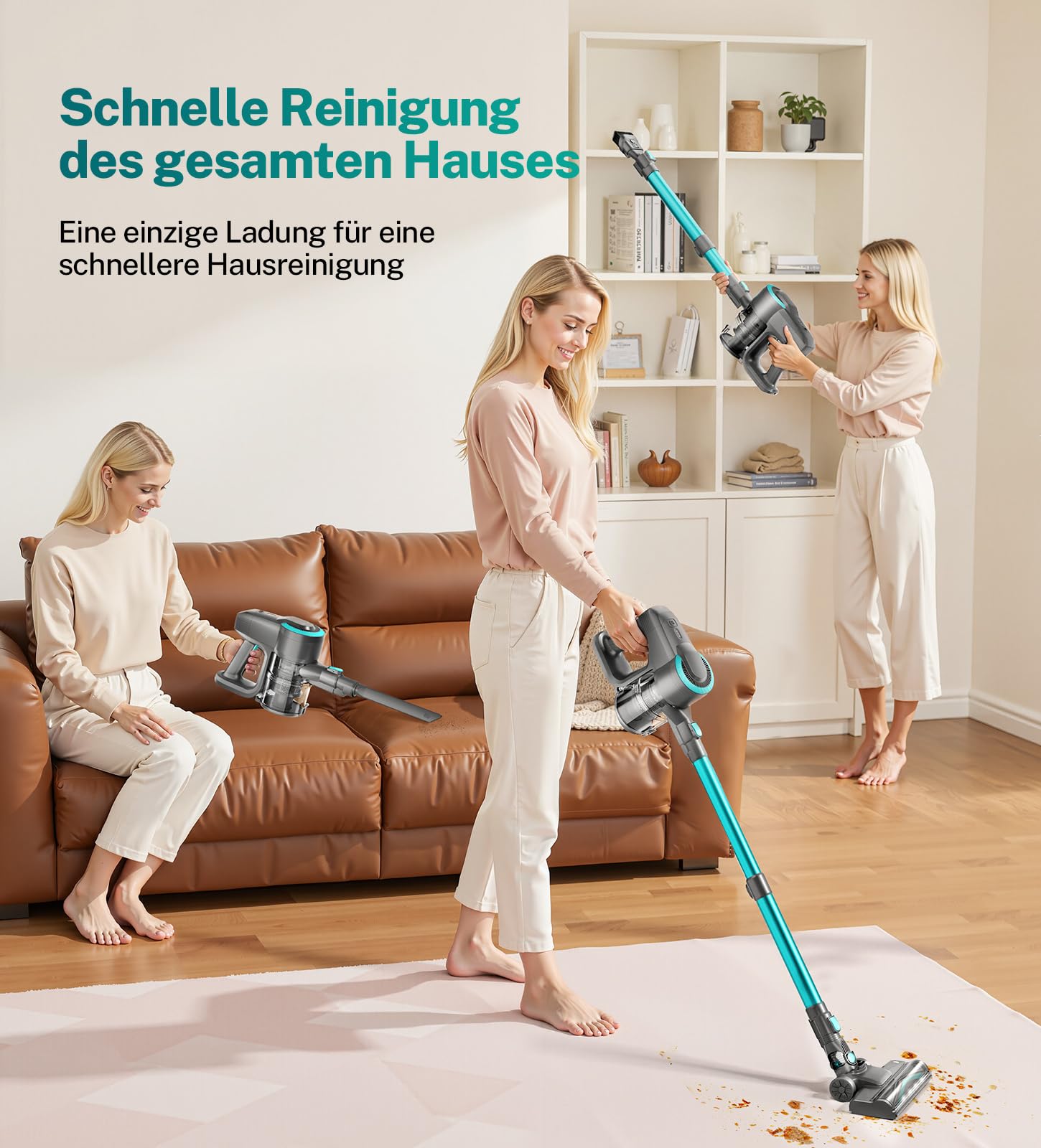 Akku Staubsauger, 30000Pa/55Min Staubsauger Kabellos, Anti-Tangle-Bürste und Selbststehend, Ultraleichter Handstaubsauger akku vacuum cleaner Stielstaubsauger für Teppichen, Hartboden, Tierhaare