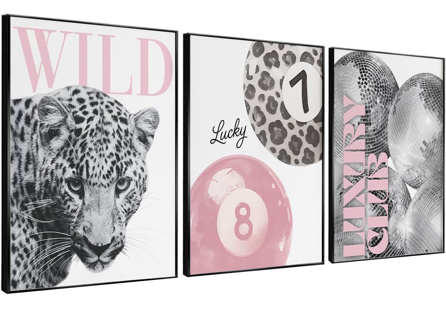 LMYSXAOZ 3Pcs Unframed Pink Trendy Leopard Prints Canvas Wall Art Funky Disco Lucky 8 Ball Poster Wild Cheetah Decor For Girly Preppy Room Apartment Dorm Bedroom Painting 12x16inch