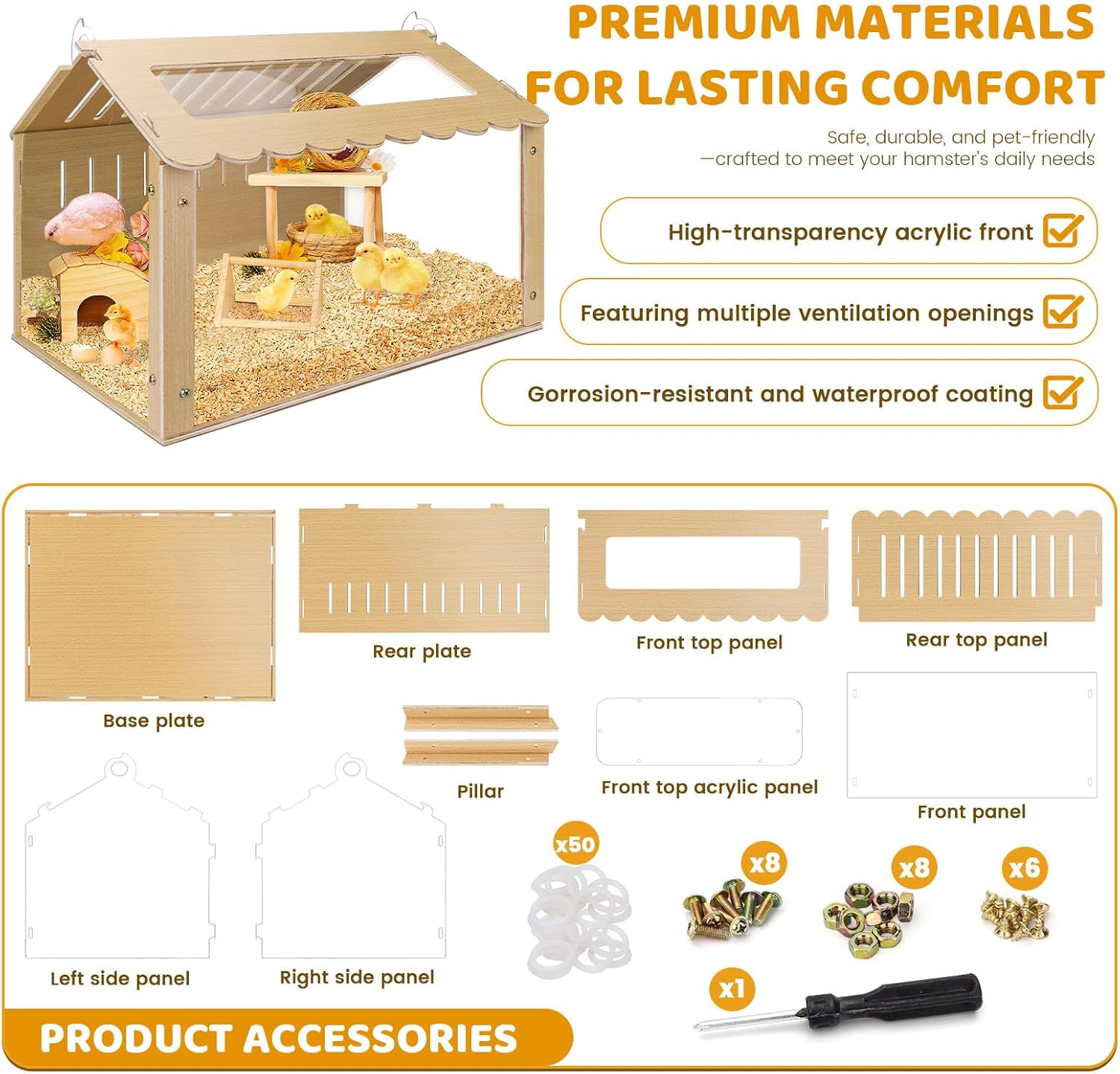 Chicken Brooder Box, Brooder Box for Chicks, Wooden Quail Cage for Hamsters, Ducklings, Hedgehogs and Lizards, Skylight Design Chick Coop, Baby Chicken Supplies (Only Box) (Transparent)