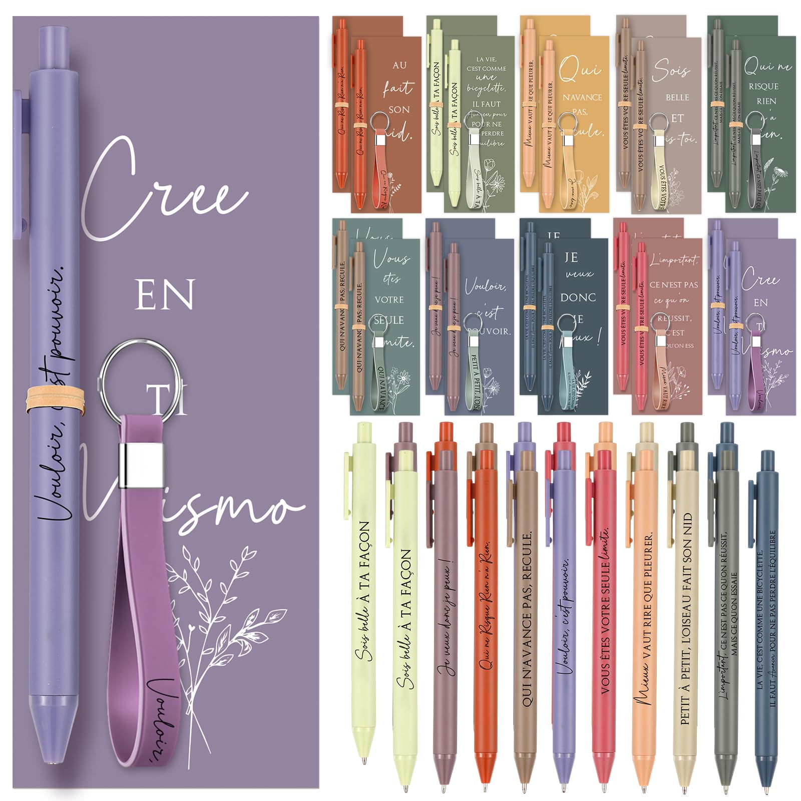 Faccito Set Regalo Motivazionale Include 20 Penne a Sfera Motivazionali 20 Portachiavi in ​​silicone 20 Biglietti e 30 Fascette Fermacavi in ​​carta Kraft per Dipendenti, Colleghi e Insegnanti