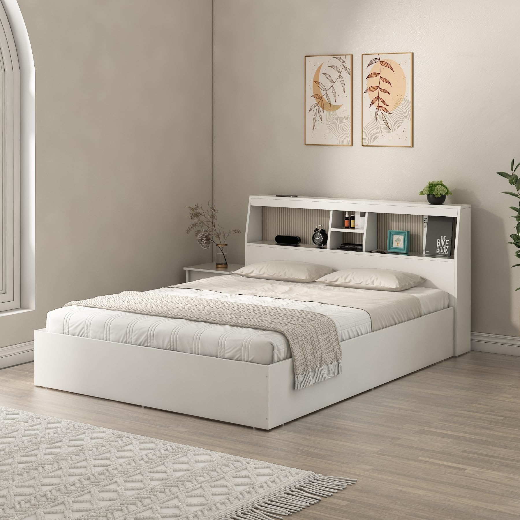 Spacewood Whitora Bed |King Size (78 X 72) Engineered Wood Bed with Box Type Storage | Shelfs in Headboard | 3 Year Warranty | Modern Design |Engineered Wood | Kingston White-image-21