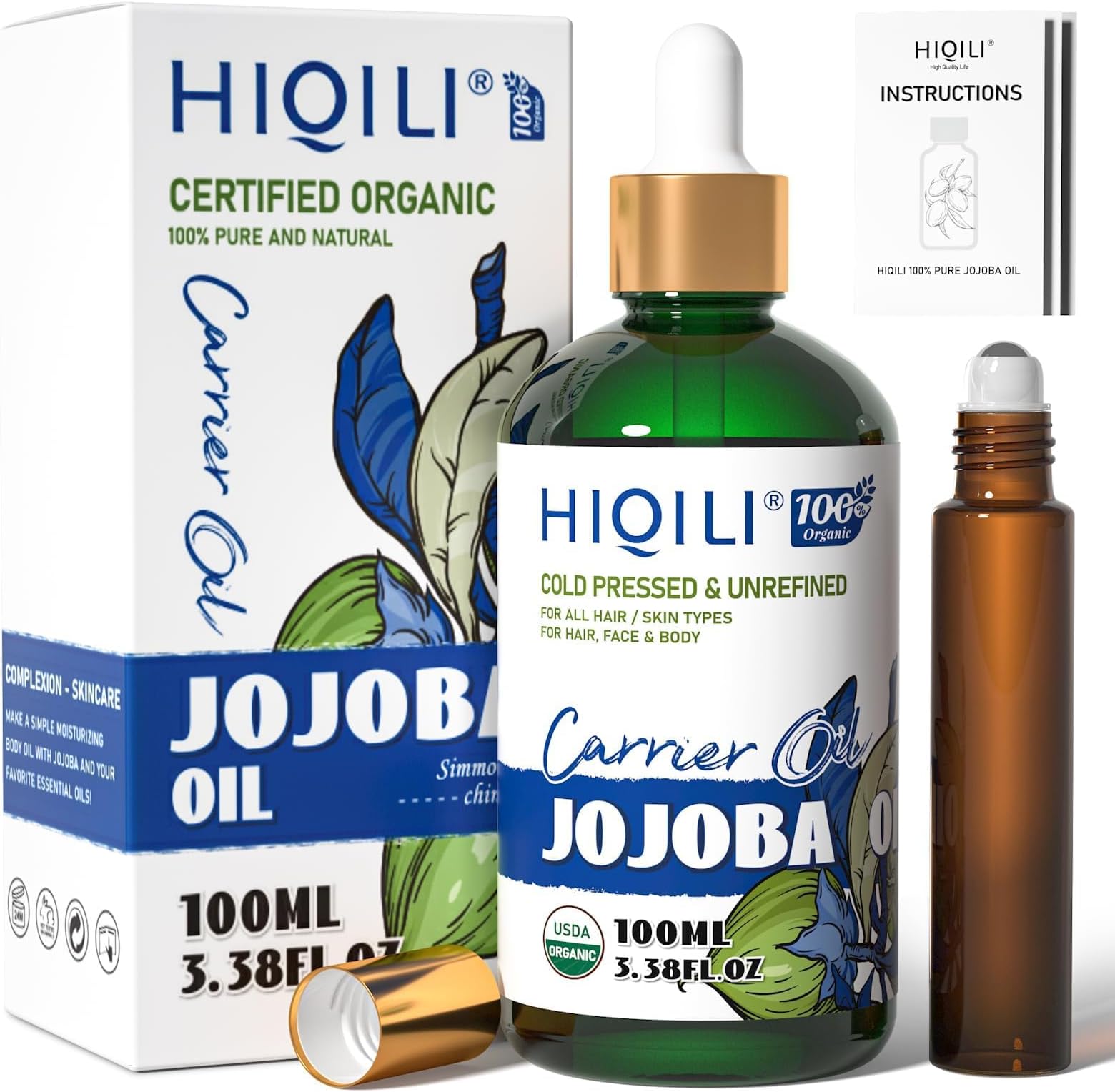 Jojoba Oil, Cold Pressed Unrefined Jojoba Carrier Oil Fitting for Skin, Hair Growth, Nails, Massage, Body Care -3.38 Fl Oz