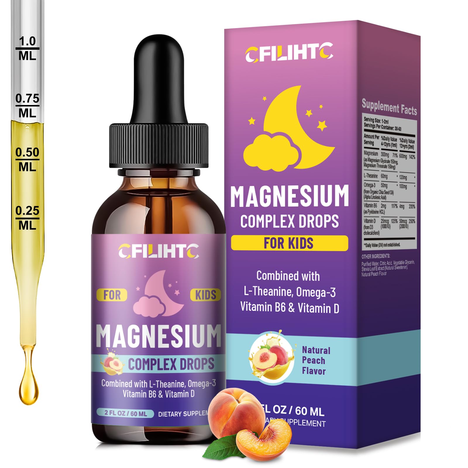 Kids Magnesium Liquid Drops-Magnesium Glycinate Liquid for Kids Supplement-w/L-theanine, Omega-3, Vitamin B6, D3 - for Sleep, Relaxation, Brain, Bones - Peach Flavor, 2 Fl Oz Peach 2 Fl Oz (Pack of 1)