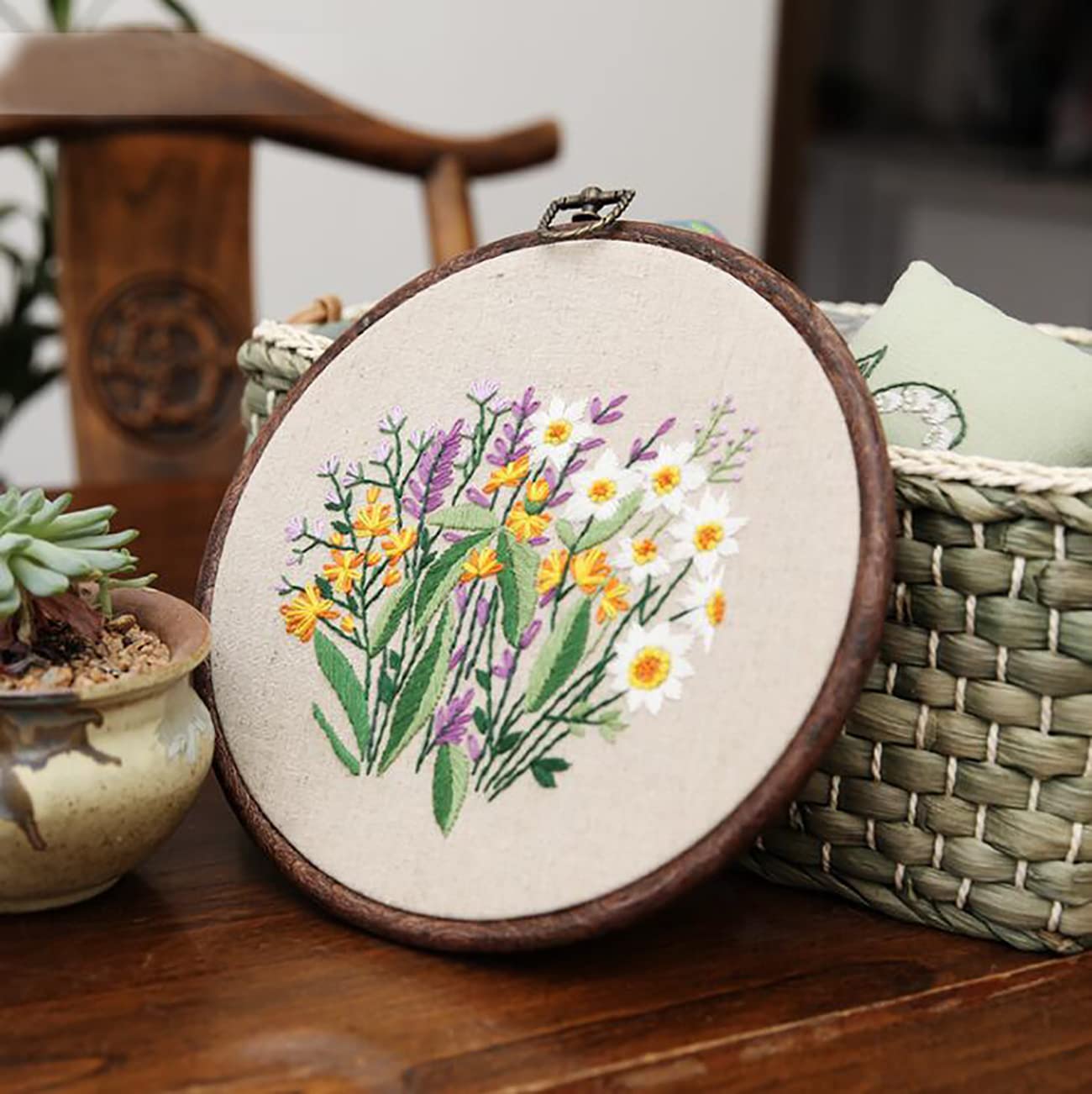 Lot De 3 Kits Broderie Point De Croix Estampillé Floral - Pour Adultes Débutants, Motifs Plantes, Cerceau Bambou 20 Cm Inclus