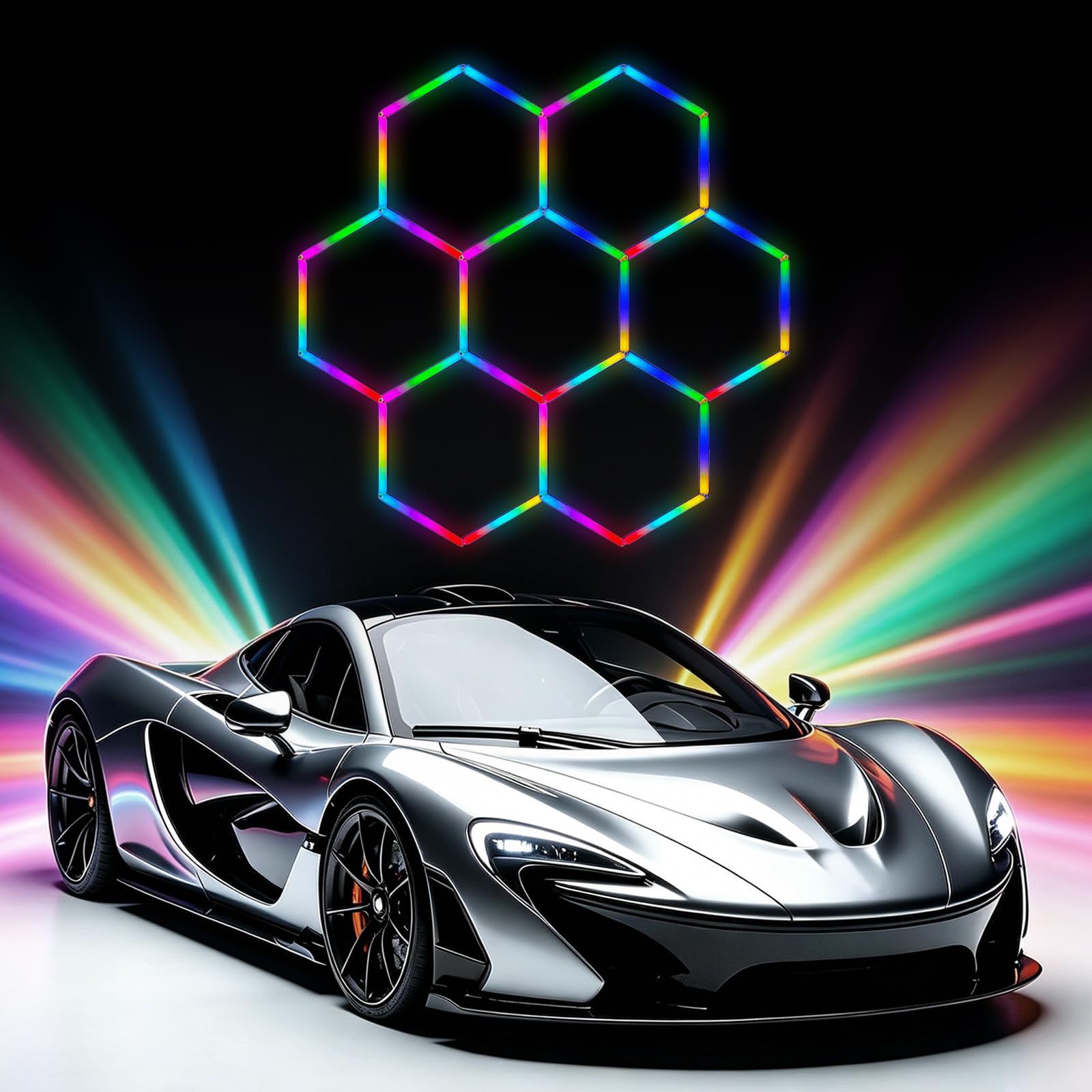 RGB Hexagon LED Garage Ceiling Lights, Linkable Dimmable with Remote