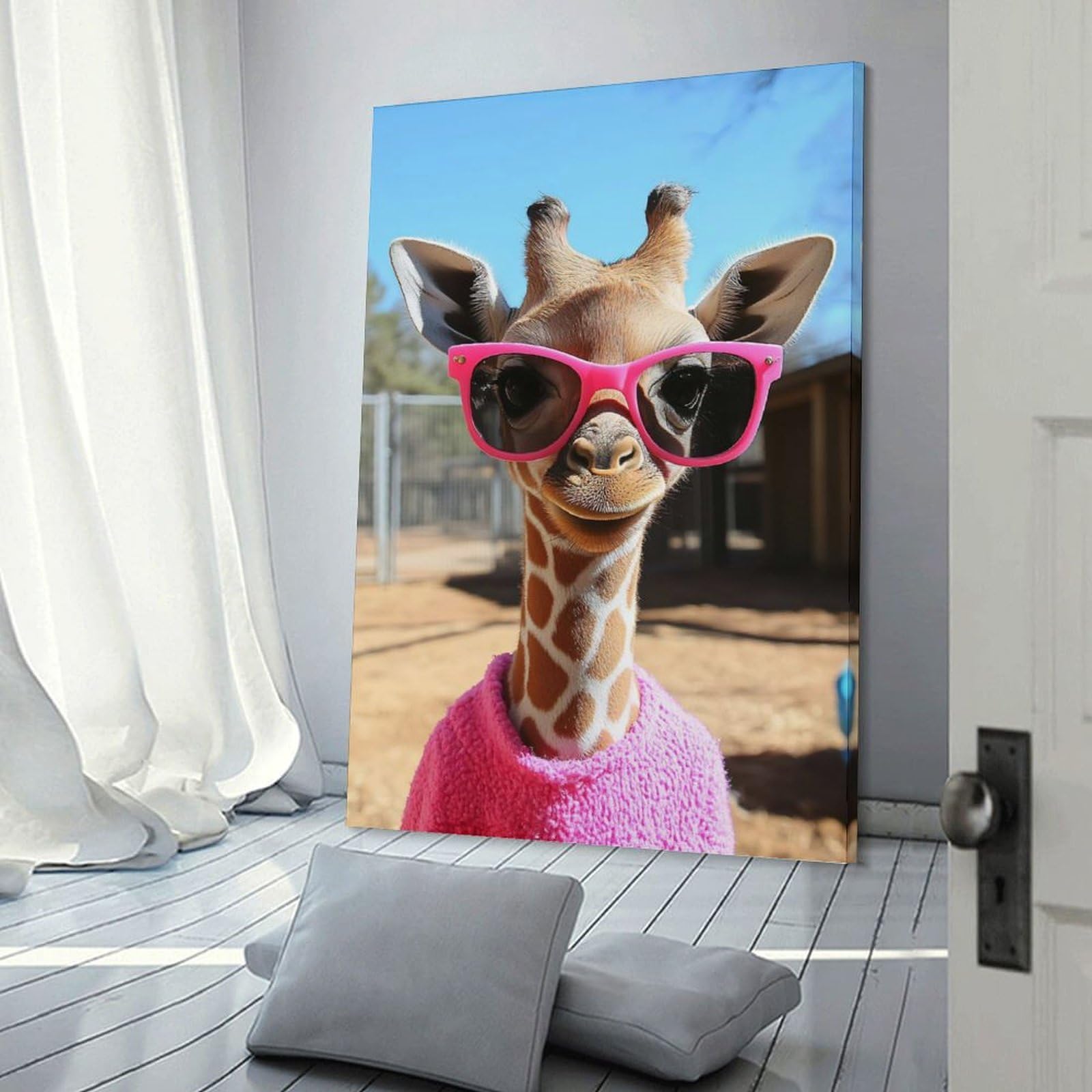 Junmoney Giraffe with Sunglasses And Sweater Canvas Art Print 24x36inch(60x90cm), for Entrance Spaces, Stair Walls Or Halls, Wall Decor to Refresh Empty Corners