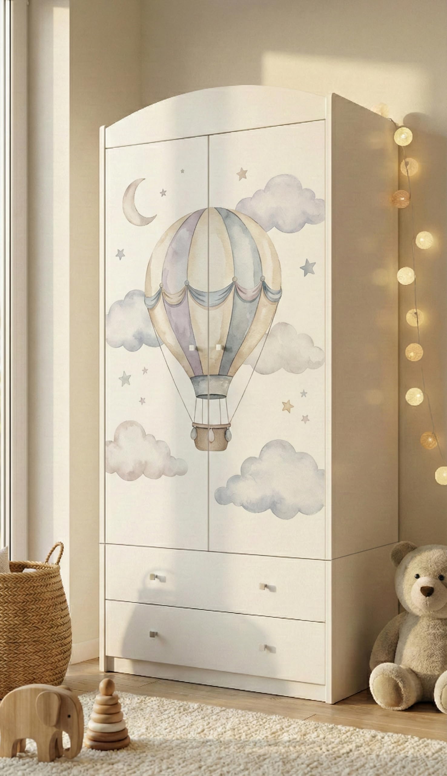 Happy Babies Kinderkleiderschrank mit bezauberndem Motiv – 2-türiger Schrank für Kinderzimmer inkl. 2 Schubladen, Kleiderstange & Einlegeböden, Weiß (88x187x54 cm) (nr 379)