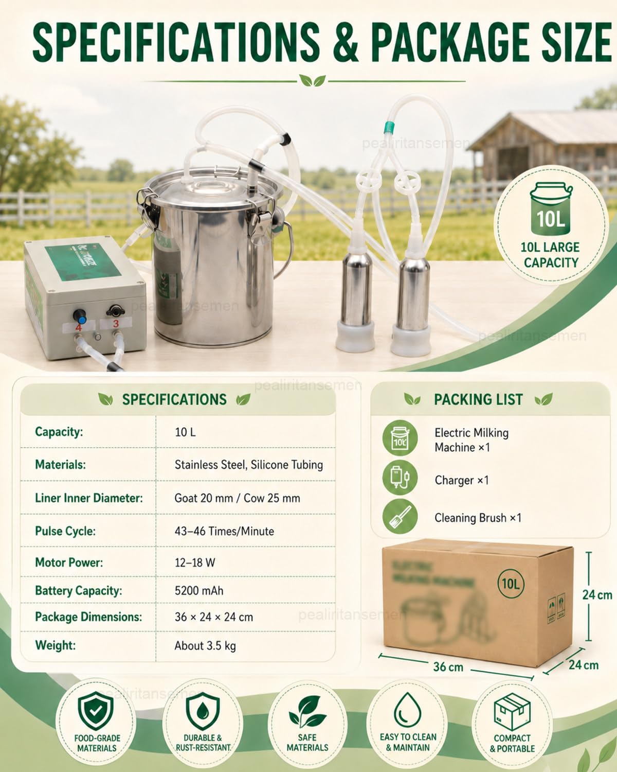 Máquina De Ordeño para Vacas, Ordeñadora Eléctrica con Cubo De Acero Inoxidable De 10 L, Batería De 5200 mAh Y Parada Automática para Establos, Ranchos Y Granjas Familiares forSheep