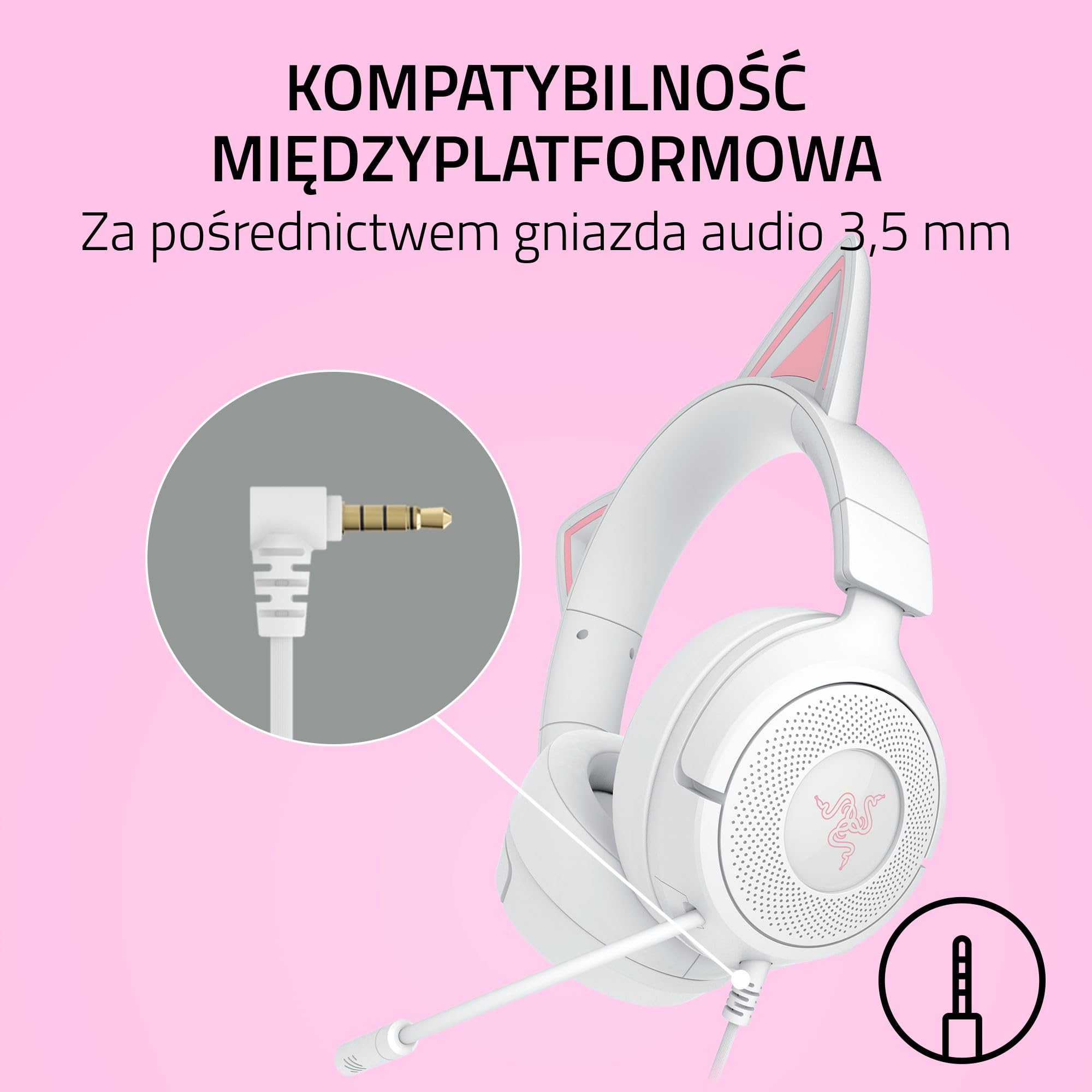 Razer Kraken Kitty V3 X - przewodowy zestaw słuchawkowy Kitty do gier - kultowe uszy Kitty - lekki, waży tylko 270g - mikrofon HyperClear Cardioid - przetworniki TriForce 40mm | Biały