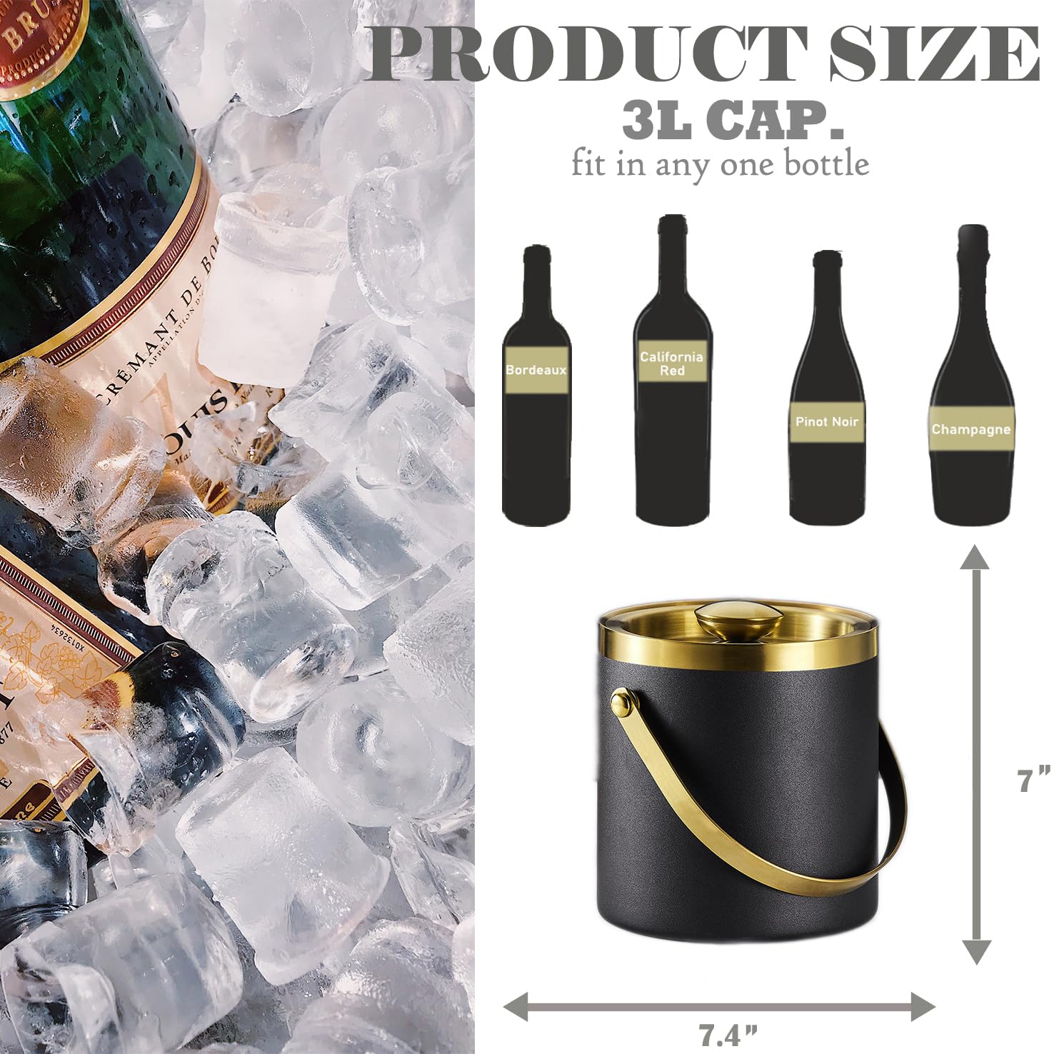 Cubo de hielo aislado con tapa, asa y pinzas, cubo de champán de acero inoxidable negro dorado para fiestas, 3 L, accesorios para mantener las bebidas frías