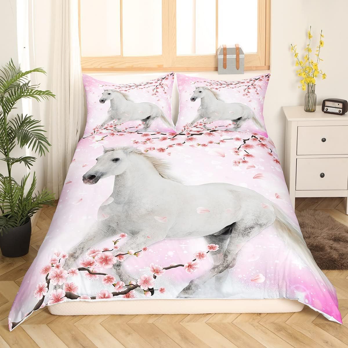 Homewish Pferdebettbezug Galoppierende Pferde - Weicher Mikrofaser Bettbezug Mit Rosa Blüten Für Kinder, Teenager & Erwachsene, 135x200 Cm Schwarz
