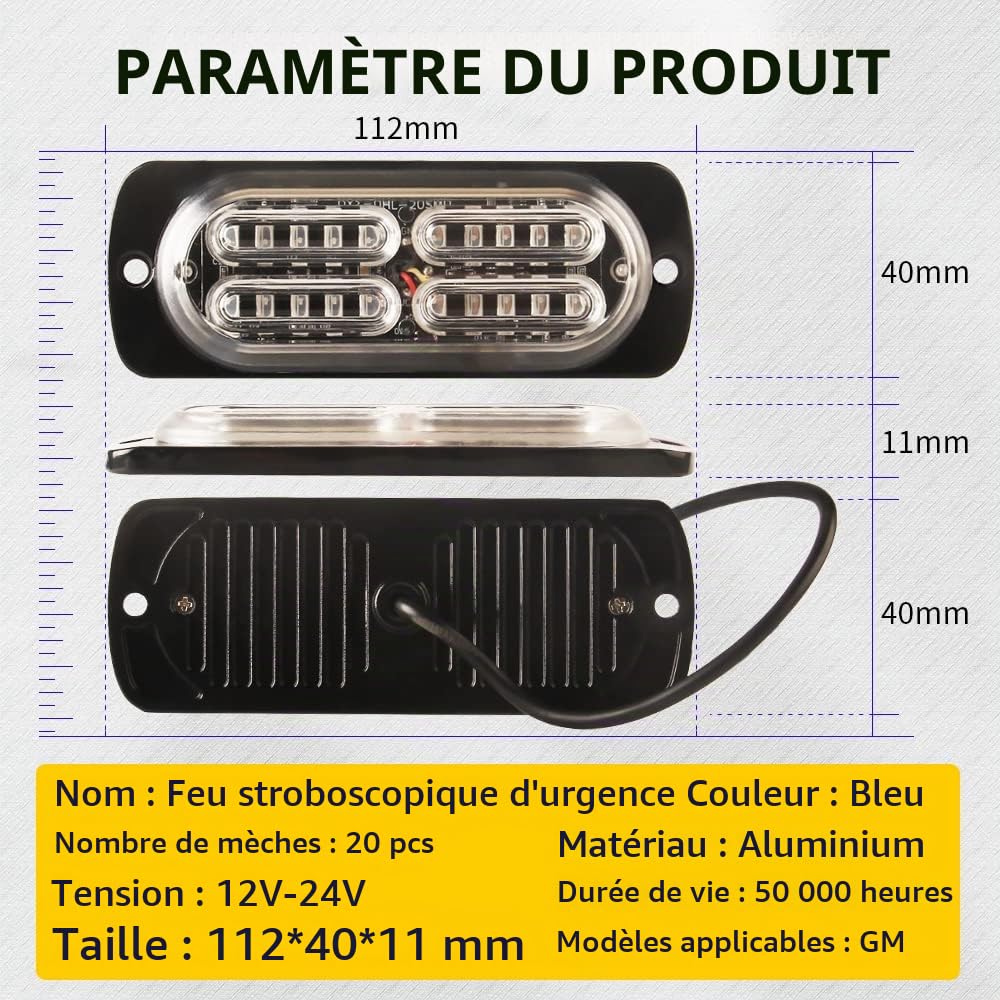 4x20 LED Lumiere Calandre Voiture 18 Modes Stroboscopiques Urgence Clignotant Balise Lampe Bleu Avec TéLéCommande Sans Fil Pour 12-24V Voitures Camions Fourgon Tracteurs LED Lumière