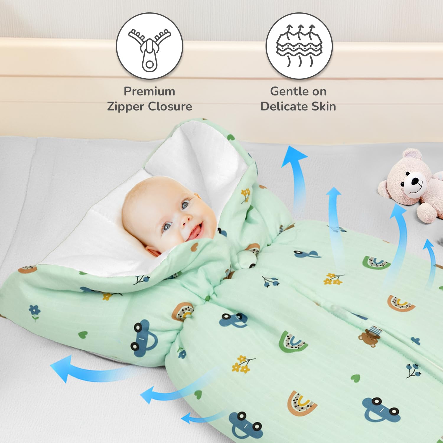 R for Rabbit Snuggy Bliss Baby Sleeping Bag Bedding Set | Premium 100% Muslin Cotton Carrying Nest for New Born Babies & Infant | Travel Friendly for 0-6 Months Baby Girl and Boy (Teddy Green) - Image 2 thumbnail