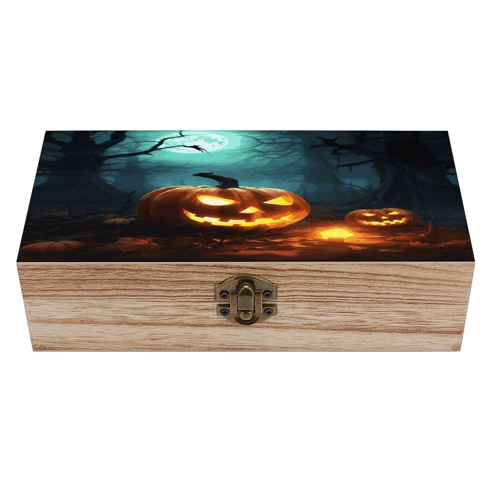 Btcowzrv Style Happy Halloween Pumpkins Wooden Storage Box, Keepsake Box With Hinged And Retro Lock, Wood Jewelry Organizer For Photos & Mementos And Home Decor