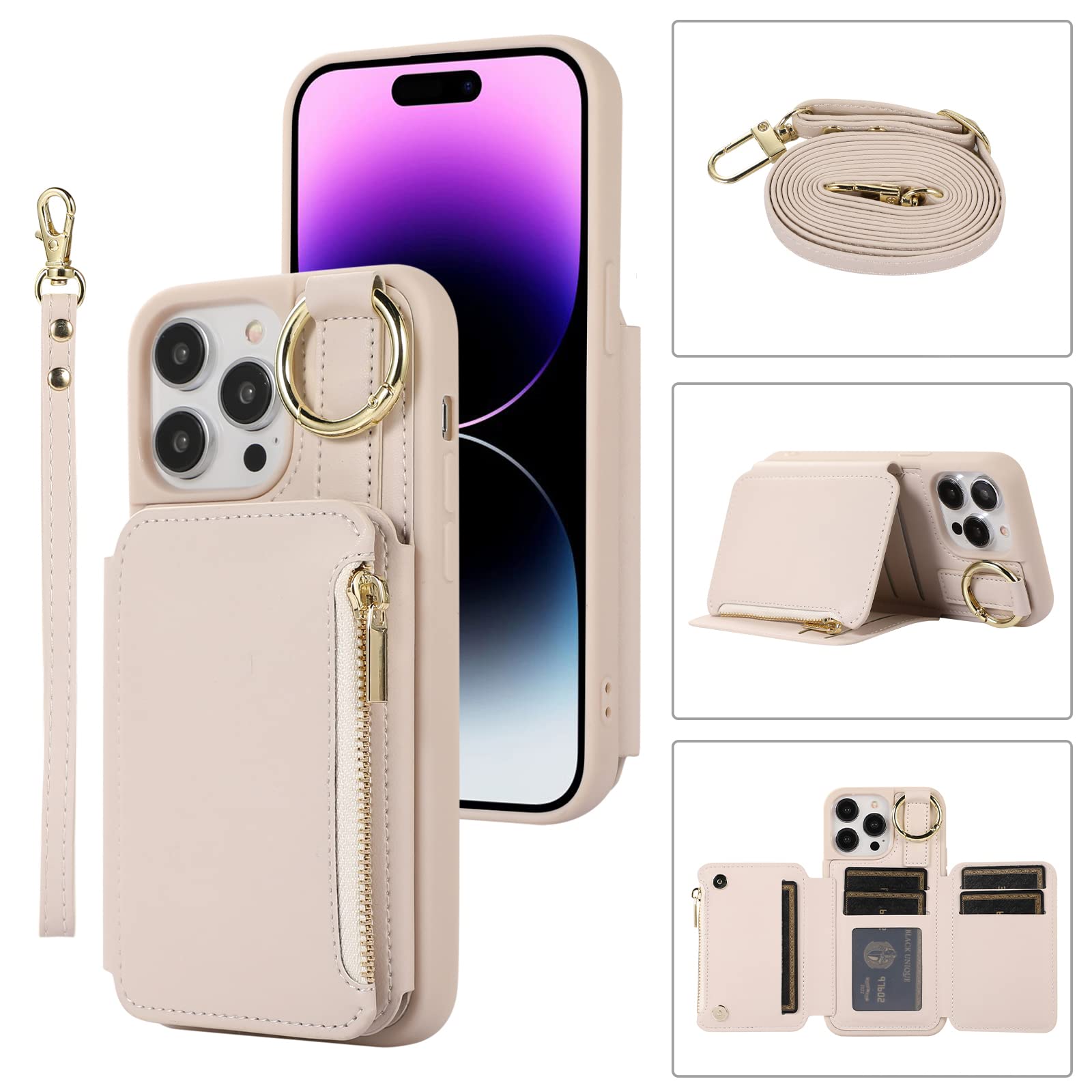 Furiet Wallet Case for iPhone 11 Pro Max 6.5 with Wrist and Shoulder Strap Card Holder Ring Stand Flip Zipper PU Leather 6+ Slots RFID Blocking Phone
