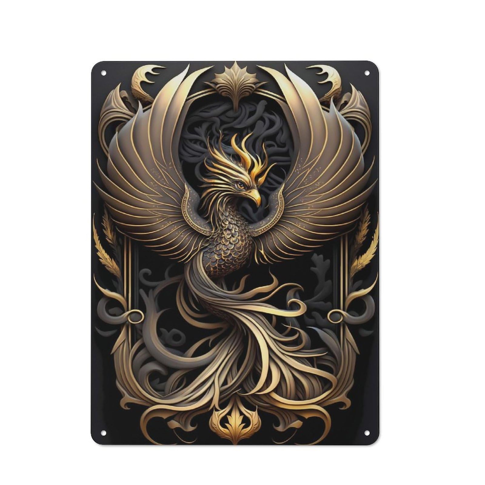 Junmoney Style-12 Fire Phoenix Golden Art Industrial Metal Wall Decor 40X30cm, Tin Sign For Workshop, Basement, Shed Or Games Room