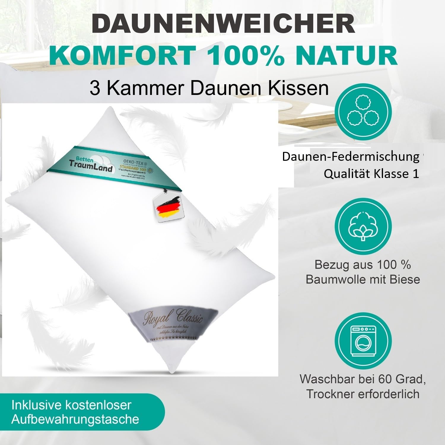 Schäfer 3-Kammer Luxus Reisekissen Travel in praktischer Aufbewahrungstasche und einem Gesamtgewicht von nur 490 g Kopfkissen 100% Natur Daunenkissen Kissen 40x60