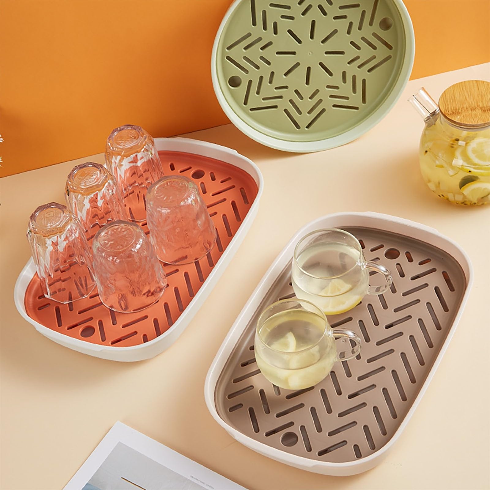 Bandeja de secado de platos de plástico de 2 niveles con estante extraíble y bandeja de goteo de borde elevado para juegos de té, frutas y aperitivos, 28 x 5 cm