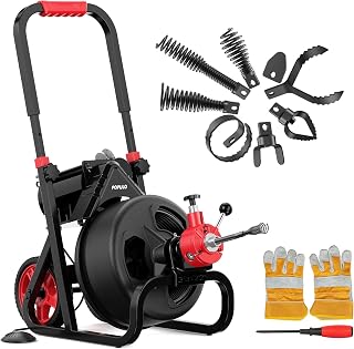 POPULO Auto Feed 50FT×1/2 Inch Electric Drain Snake With Mobile 8” Wheel,600W Drain Auger Includes 8 Cutters and Glove,Suitable For 2-4” Pipes For Unclogger Main Drain,Clear Tree Roots From Pipe Etc
