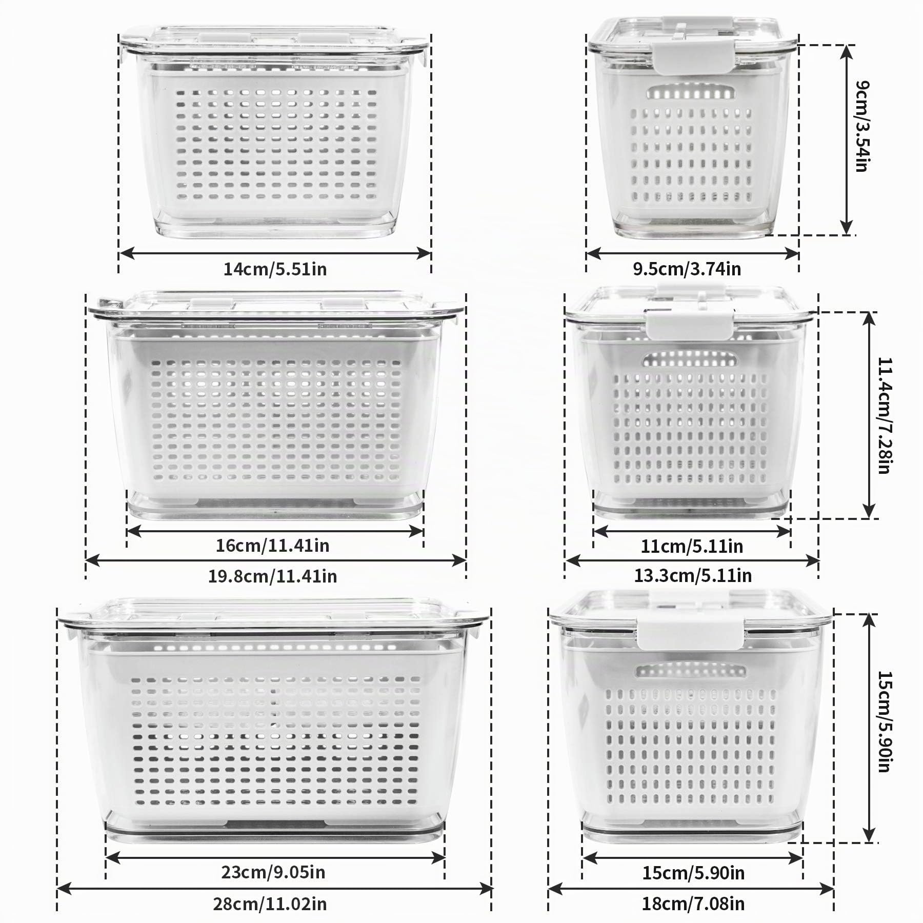 Spesh Frischhaltedosen Set Kühlschrank Organizer Wiederverwendbar Vorratsdosen 3er-Set (0,5L+1,7L+4,5L) Kunststoff Kühlschrank Organizer Set mit Deckel und Abtropfsieb (Weiß,3er Set)