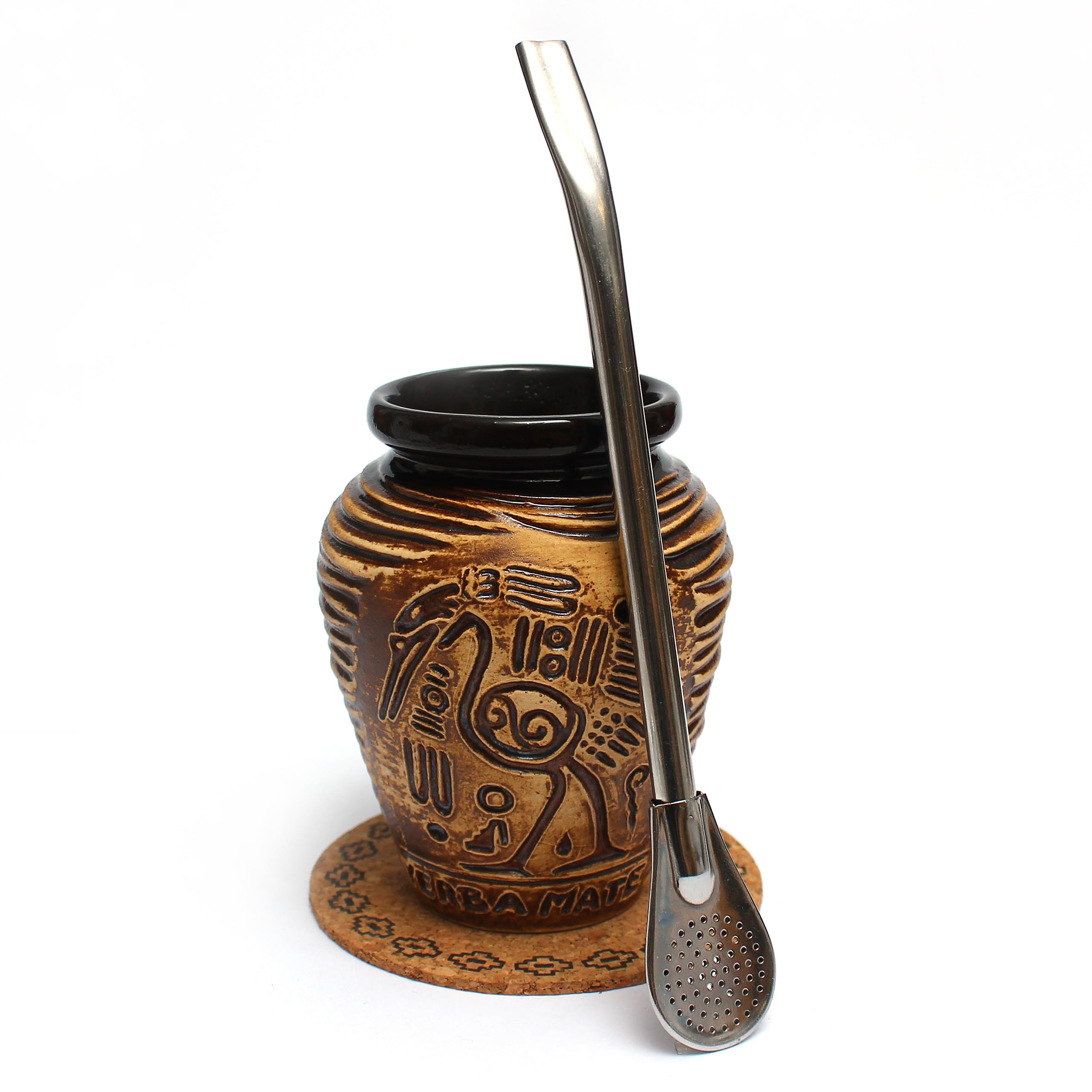 Mate Green Zestaw Kalebasse - ceramiczny kubek do mate Aztek 300 ml - słomka do picia Bombilla ze stali nierdzewnej 19 cm - podkładka korkowa - ręcznie wykonana filiżanka ceramiczna