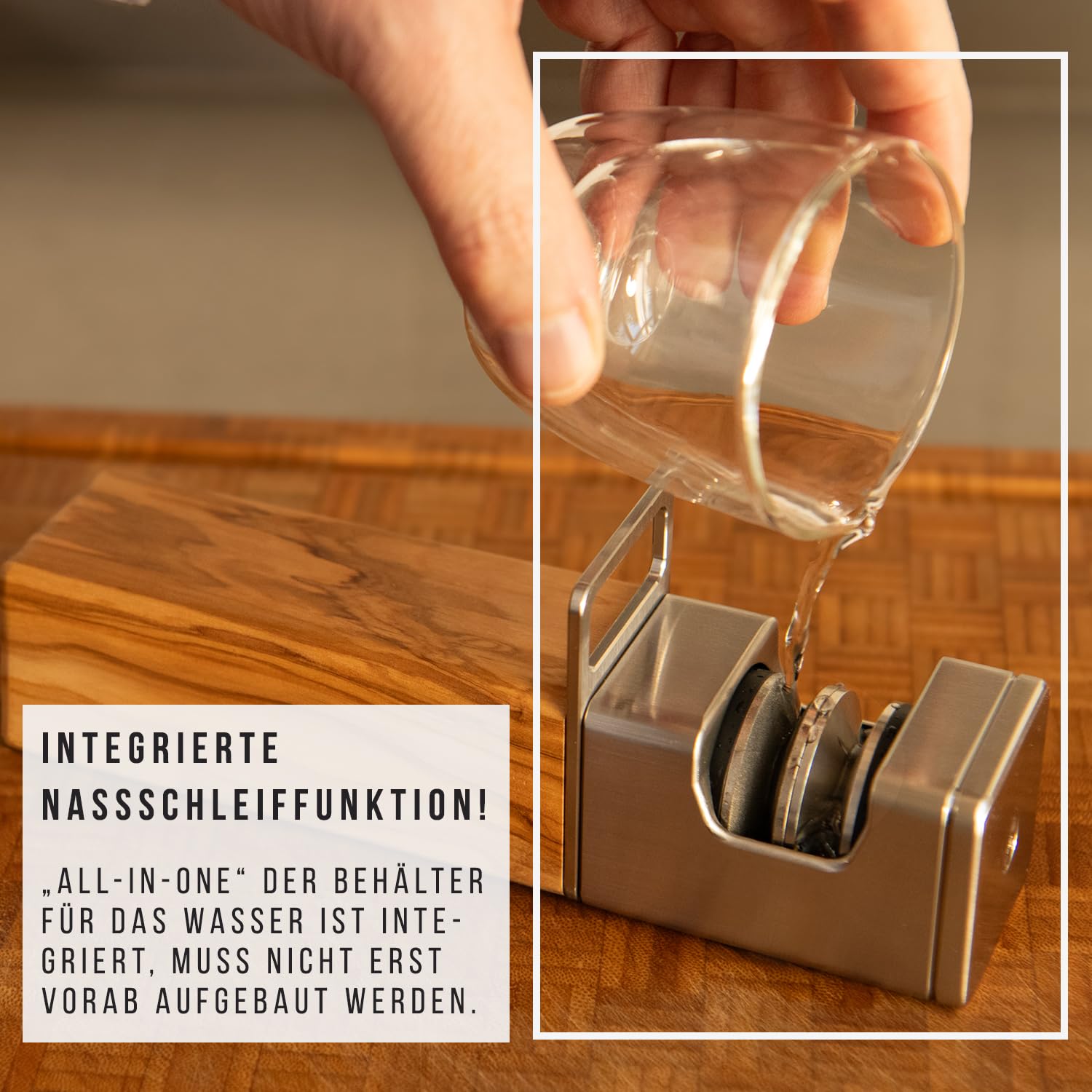 Diamant Messerschärfer Edelstahl & Olivenholz - Handveredelt - Nass & Trocken Schliff -  Diamantscheiben austauschbar - Profi Messerschleifer für Küchen, Wellenschliff, Keramik & Damastmesser
