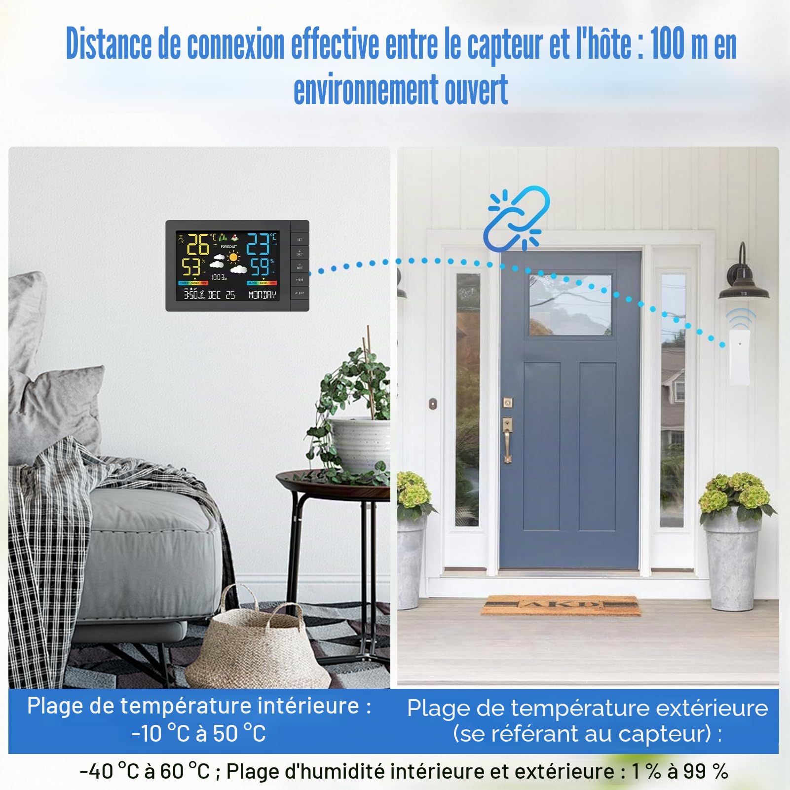 Station météo sans fil avec capteur extérieur, prévisions météorologiques, température, humidité, réveil, pression atmosphérique, distance de transmission de 100 m, station météo avec capteur