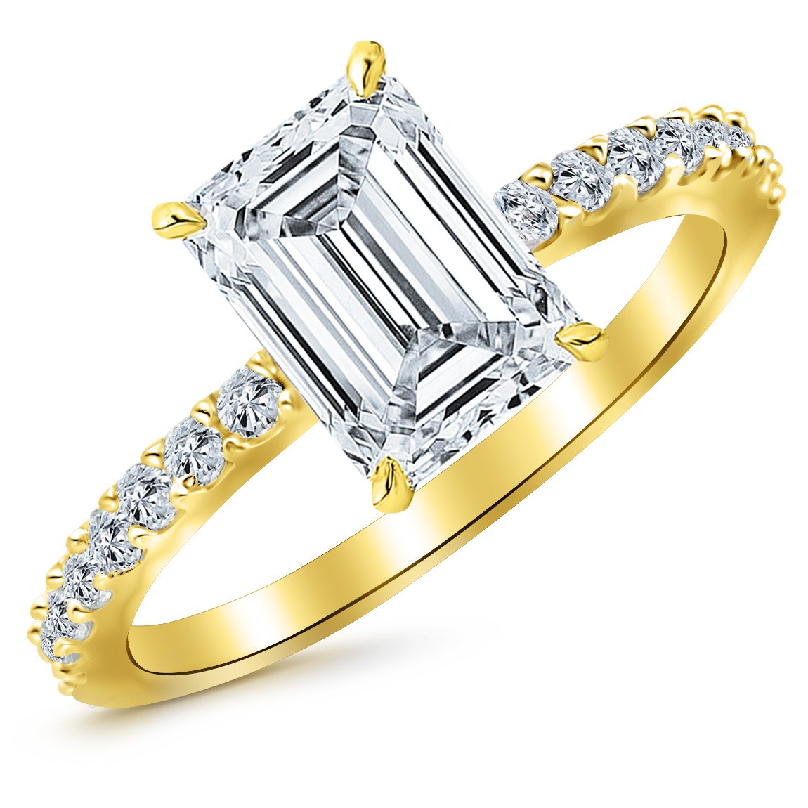 0.83 Carat Classic Sidestone Pave Set Diamond Engagement Ring with a 0.5 Carat Emerald Cut F Color SI1 Clarity Center Stone