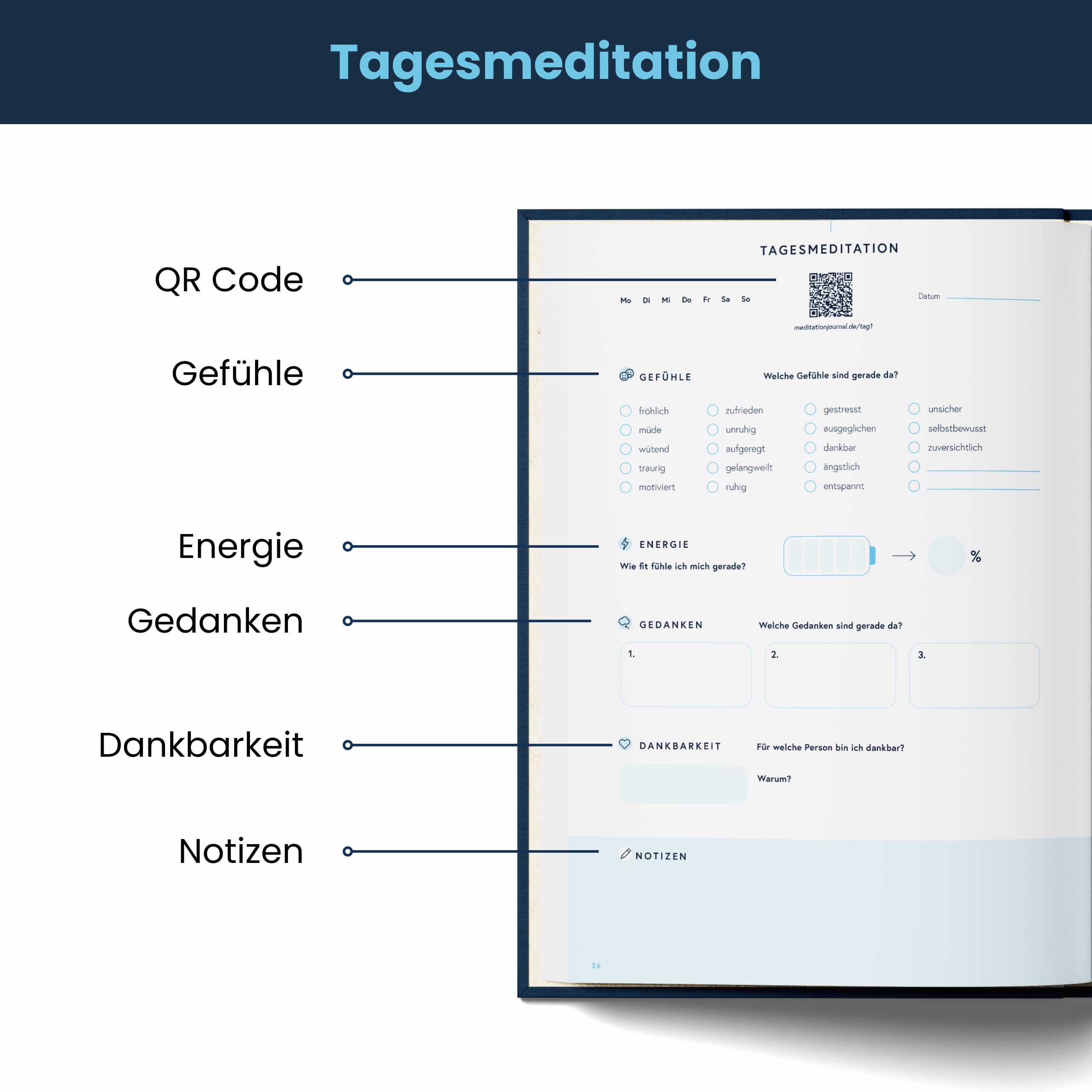 Dankbarkeitstagebuch (116 Meditationen per QR-Code) | Achtsamkeitstagebuch & Meditation Journal – Tagebuch für Erwachsene – für Anti Stress Routine, Selbstreflexion & Entspannung