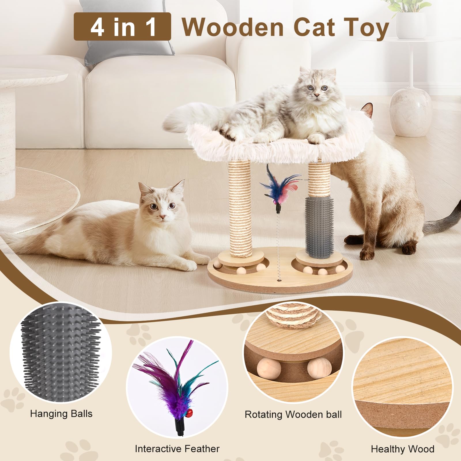 Holzkugel-Katzenkarussell, Banaone 4 in 1 Interaktives Katzenspielzeug, Katzenspielzeug Selbstbeschäftigung mit Frühling Cat Scratching Post für Katzen in Innenräumen